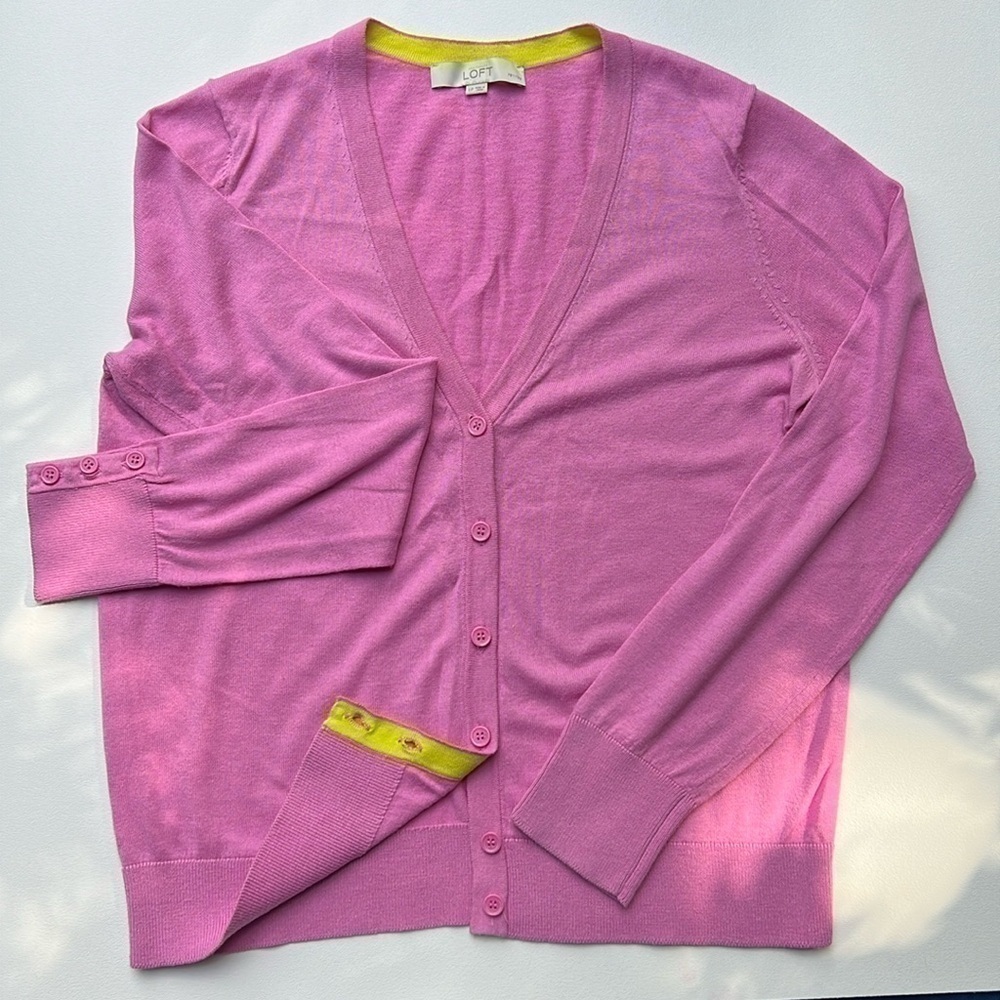 Loft pink cardigan long sleeve office sweater cute large bold fun‎ colorway